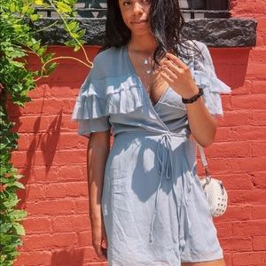 Blue v-neck REFORMATION dress with tie-front